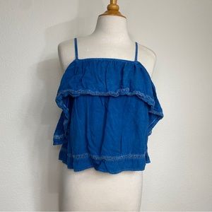 Katsumi Blue Chambray Off The Shoulder Ruffle Sleeve Blouse Size Small Coastal